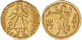 INDIA. Kushan Empire. Kanishka I (ca. AD 127-151). AV dinar (20mm, 7.97 gm, 12h). Choice MS. Kushan standard, Bactria, main mint (probably Balkh), lat...