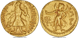 INDIA. Kushan Empire. Kanishka I (ca. AD 127-151). AV dinar (20mm, 7.97 gm, 12h). Choice XF. Bactria, main mint (probably Balkh), late phase. ÞAONANOÞ...