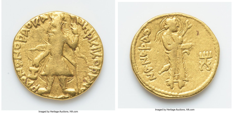 INDIA. Kushan Empire. Kanishka I (ca. AD 127-151). AV dinar (20mm, 7.83 gm, 11h)...