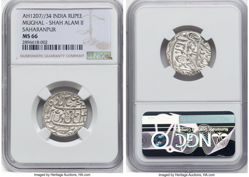 Mughal Empire. Shah Alam II Rupee AH 1207 Year 34 (1793) MS66 NGC, Saharanpur mi...