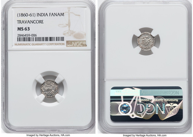 Travancore. Rama Varma IV Velli Fanam ND (1860-1861) MS63 NGC, KM22. Exhibiting ...