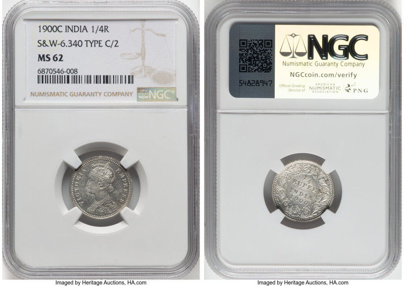 British India. Victoria 1/4 Rupee 1900-C MS62 NGC, Calcutta mint, KM490, S&W-6.3...