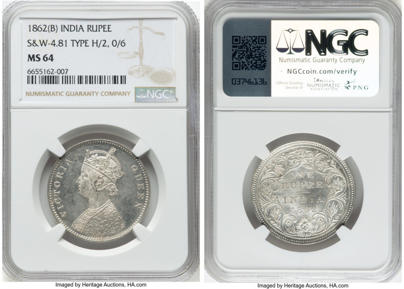 British India. Victoria Rupee 1862-(B) MS64 NGC, Bombay mint, KM473.1, S&W4.81. ...