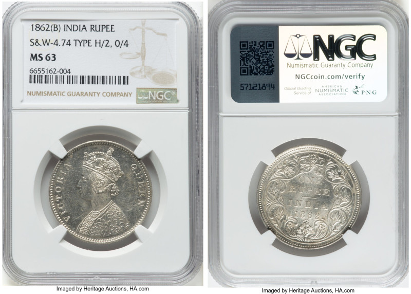 British India. Victoria Rupee 1862-(b) MS63 NGC, Bombay mint, KM473.1, S&W-4.74....