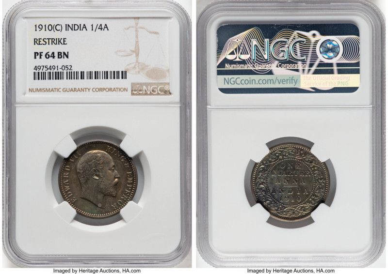 British India. Edward VII Proof Restrike 1/4 Anna 1910-(c) PR64 Brown NGC, Calcu...