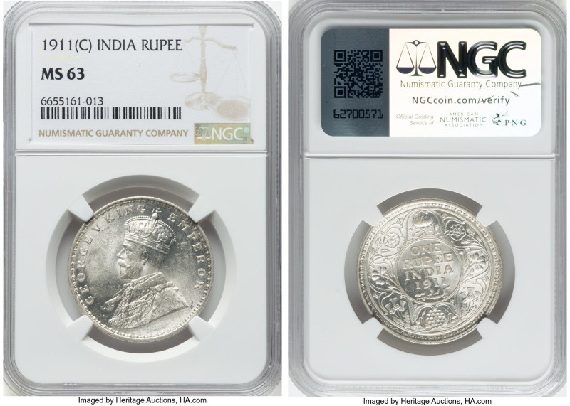 British India. George V Rupee 1911-(c) MS63 NGC, Calcutta mint, KM523. HID098012...