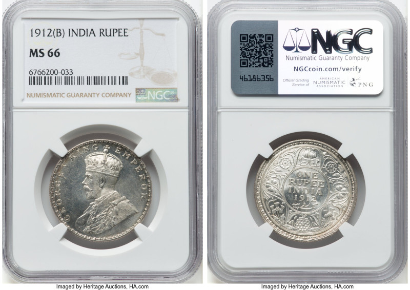 British India. George V Rupee 1912-(B) MS66 NGC, Bombay mint, KM524. Tied with o...