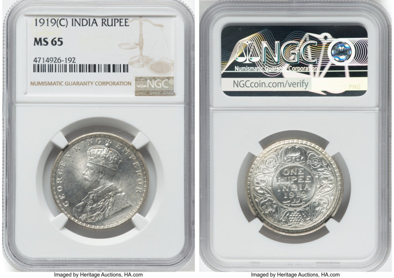 British India. George V Rupee 1919(C) MS65 NGC, Calcutta mint, KM524. A cartwhee...