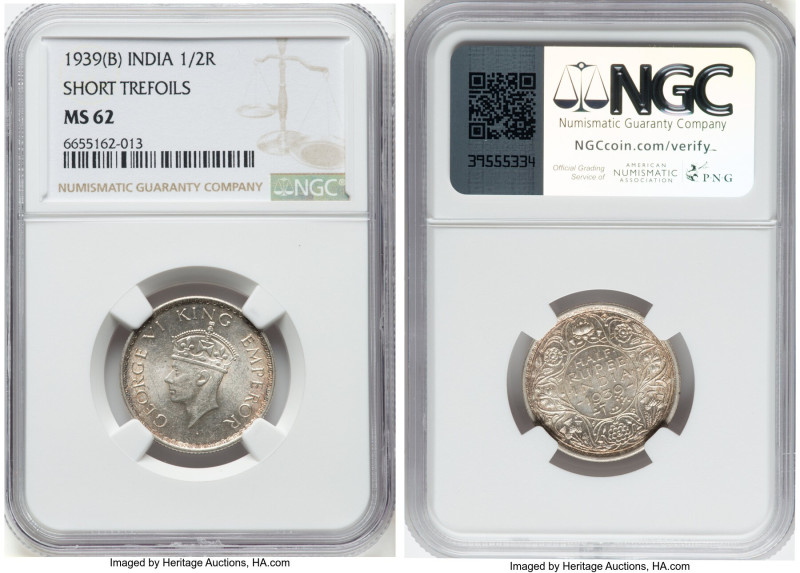 British India. George VI 1/2 Rupee 1939-(b) MS62 NGC, Calcutta mint, KM550. Shor...