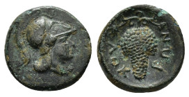 LOKRIS. Lokri Opuntii.(Circa 325-300 BC).Ae.

Obv : Helmeted head of Athena right; letter above.

Rev : ΛΟΚΡΩΝ.
Grape bunch on vine.
BCD Lokris-Phokis...