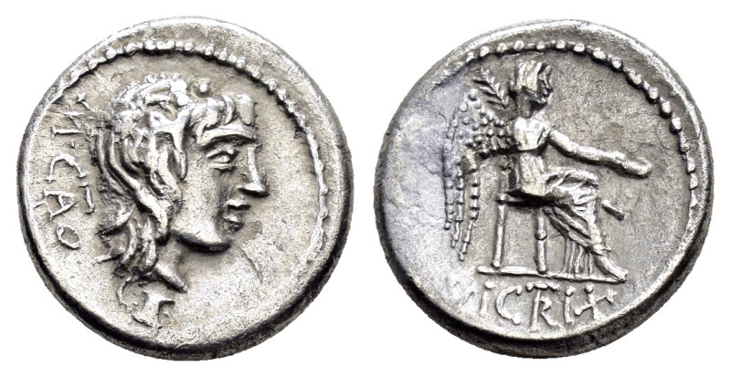 M. PORCIUS CATO (89 BC). Quinarius. Rome.
Obv: M CATO.
Head of Liber right, wear...