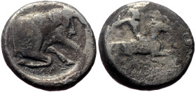 Sicily, Gela AR Fourree Didrachm (Silver, 7.74g, 20mm) ca 490/85-480/75 BC. 
Obv: Bearded horseman, nude, riding to right, brandishing spear in his up...