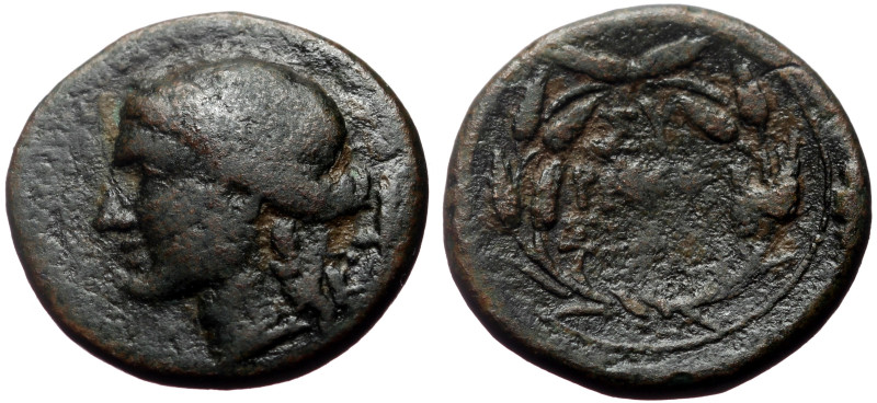 Sicily, Syracuse AE Bronze, 3.48g, 17mm) Roman rule (After 212 BC).
Obv: Wreathe...