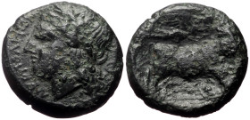 Campania, Neapolis AE 9Bronze, 5.29g, 18mm) ca 275-250 BC. 
Obv: Laureate head of Apollo left; [I to right] 
Rev: Man-headed bull standing right, head...