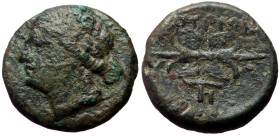Lucania, Thourioi AE (Bronze, 3.03g, 16mm) ca 280-213 BC. 
Obv: Laureate head of Apollo to left. 
Rev: ΘΟΥΡΙΩΝ, Winged thunderbolt; below, monogram of...