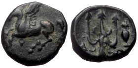 Corinthia, Corinth AE (Bronze, 1.93g, 12mm) ca 345-340 BC. 
Obv: Pegasos left 
Rev: Ornate trident; Δ and amphora on either side. 
Ref: BCD 234; BMC C...