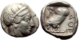 Attica, Athens AR Tetradrachm (Silver, 16.78g, 25mm) ca 454-404 BC.
Obv: Head of Athena right, in crested Attic helmet ornamented with three olive le...