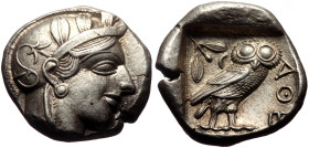 Attica, Athens AR Tetradrachm (Silver, 17.18g, 23mm) ca 454-404 BC.
Obv: Head of Athena right, in crested Attic helmet ornamented with three olive le...