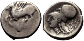 Peloponnese, Corinth AR Stater (Silver, 7.96g, 21mm) 375-300 BC
Obv: Ϙ, Pegasus flying left 
Rev: Head of Athena to left, wearing Corinthian helmet; b...