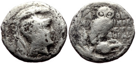Attica, Athens AR Drachm (Silver, 3.35g, 18mm) ca. 165-42 BC. New style coinage, ca. 136/5 BC, Hera-, Aristo- and Herako-, magistrates.
Obv: Head of ...