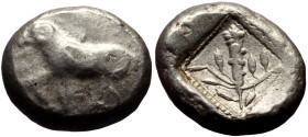 Cyprus, Uncertain AR Stater (Silver, 20mm, 10.83g)
Obv: Bull standing left; winged solar disk above, [ankh to right, palmette ornament in exergu]
Re...