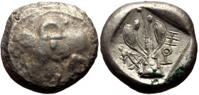 Cyprus, Uncertain AR Stater (Silver, 20mm, 10.71g)
Obv: Bull standing left; winged solar disk above, [ankh to right, palmette ornament in exergu]
Rev:...