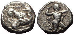 Cyprus, Kition AR 1/3 Stater (Silver, 3.55g, 13mm) Azbaal (?), ca 449-425 BC.
Obv: Herakles in fighting stance to right, wearing lion skin upon his b...