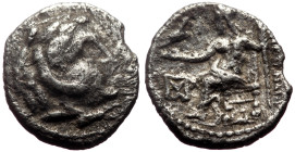 Kings of Macedon, Alexander III “the Great” (359-336 BC) AR Obol (Silver, 0.68g, 9mm) Carrhae, ca 315-305. 
Obv: Head of Herakles r., wearing lion ski...
