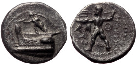 Kings of Maceodon, Demetrios I Poliorketes (306-283 BC) AR Hemidrachm (Silver, 1.94g, 14mm) Tarsos, ca 298-295. 
ObvNike, blowing a trumpet and holdin...