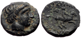 Kings of Macedon, Philip III Arrhidaios AE (Bronze, 1.13g, 11mm) Miletos, 323-317 BC. 
Obv: Diademed head of Apollo right 
Rev: Horseman riding right;...