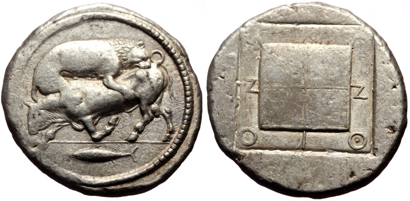 Macedon, Acanthus AR Tetradrachm (Silver, 17.45g, 29mm) ca 470-430 BC.
Obv: Lio...
