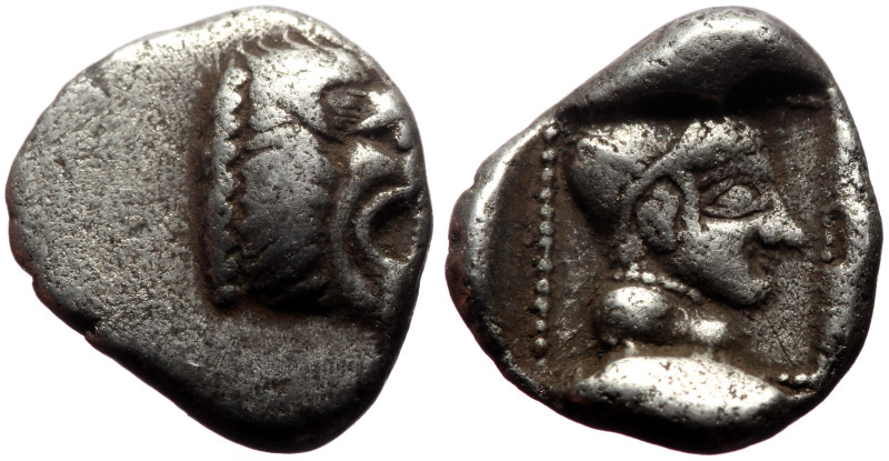 Caria, Knidos AR Diobol (Silver, 1.70g, 12mm) ca 530-500 BC. 
Obv: Head of roari...