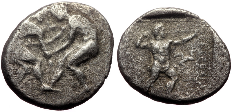 Pamphylia, Aspendos AR Stater (Silver, 9.36g, 24mm) ca 400-380 BC. 
Obv: Two nud...