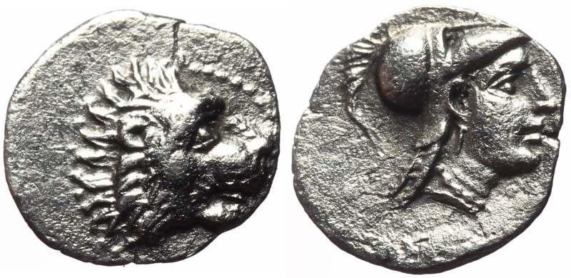 Pamphylia, Side AR Obol (Silver, 0.58g, 11mm) ca 370-360 BC. 
Obv: Head of a lio...