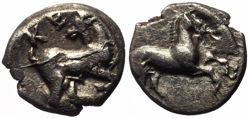 Cilicia, Kelenderis AR Obol (Silver, 0.78g, 10mm) 3rd century BC
Obv: Horse pran...