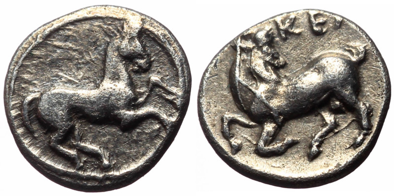 Cilicia, Kelenderis AR Obol (Silver, 0.79g, 10mm) 3rd century BC
Obv: Horse pran...