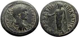 Lydia, Bagis AE (Bronze, 8.30g, 23mm) Septimius Severus (193-211). Antigonos, magistrate. 
Obv: AV K Λ CE CEOVHPOC, Laureate, draped and cuirassed bus...