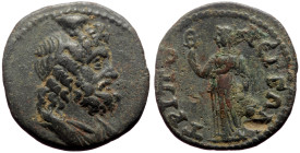 Lydia, Tripolis, Quasi autonomous AE. (Bronze, 2.92g, 19mm.) 3rd century AD.
Obv: Bearded and draped bust of Serapis, r., wearing modius.
Rev: TΡIΠOΛE...