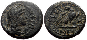 Phrygia, Laodicea ad Lycum AE (Bronze, 4.37g, 16mm) Nero (54-68) Magistrate: Cornelius Aeneas 
Obv: ΛΑΟΔΙΚΕΩΝ; bust of Mên, wearing Phrygian cap, righ...
