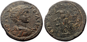 Phrygia, Eukarpeia AE (Bronze, 8.65g, 27mm) Geta (209-211) 
Obv: ΠO SEΠTI - ΓETAS KAI, Bust with paludament and armor on the right.
Rev: EU - KA - RΠ ...