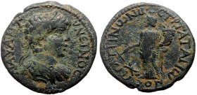 Phrygia, Peltae AE (Bronze, 4.28g, 22mm) Caracalla (198-217) T. Mar. Tat. Arionos, strategos.
Obv: AV K M A ANTΩNЄI, Laureate, draped and cuirassed bu...