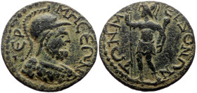 Pisidia, Termessus Major AE (Bronze, 8.52g, 23mm) unknown reign 
Obv: ΤΕΡΜΗϹ(Ϲ)ΕΩΝ; helmeted bust of Solymos, right, seen from front
Rev: ΤΩΝ ΜΕΙΖΟΝΩΝ...