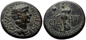 Pamphylia, Side AE (Bronze, 6.00g, 19mm) Nero (54-68) Issue: First group: youthful draped portrait (c. 55)
Obv: ΝΕΡΩΝ ΚΑΙϹΑΡ; bare draped bust of Nero...
