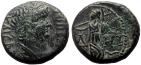 Pamphylia Side AE (Bronze, 4.88g, 16mm) Nero (54-68) Issue: First group: youthful draped portrait (c. 55)
Obv: ΝΕΡΩΝ ΚΑΙϹΑΡ; laureate draped bust of N...