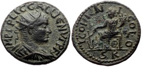 Lycaonia, Iconium AE (Bronze, 6.31g, 23mm) Gallienus (253-268)
Obv: IMP C P LIC GALLIENVΓ P F A; radiate, draped and cuirassed bust of Gallienus, rig...