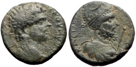 Mesopotamia, Edessa AE (Bronze, 5.06g, 19mm) Septimius Severus (193-211) with Abgar VIII
Obv: CEOVHP AYTOKPATW, Laurate head of Septimius Severus righ...