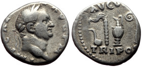 Vespasian (69-79) AR Denarius (Silver, 3.22g, 17mm) Rome, 72-73
Obv: IMP CAES VESP AVG P M COS IIII, Laureate head r. 
Rev: AVGVR / TRI POT, Priestly ...