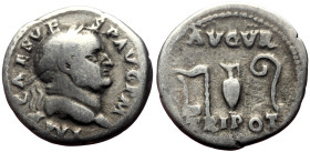 Vespasian (69-79) AR Denarius (Silver, 3.04g, 18mm) Rome, 72-73
Obv: IMP CAES VESP AVG P M COS IIII, Laureate head r. 
Rev: AVGVR / TRI POT, Priestly ...