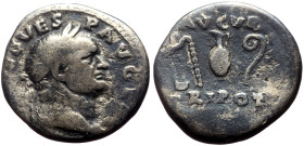 Vespasian (69-79) AR Denarius (Silver, 2.85g, 17mm) Rome, 72-73
Obv: IMP CAES VESP AVG P M COS IIII, Laureate head r. 
Rev: AVGVR / TRI POT, Priestly ...