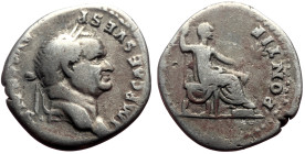 Vespasian (69-79) AR Denarius (Silver, 3.03g, 19mm) Rome, 73. 
Obv: IMP CAES VESP AVG CENS, Laureate head right 
Rev: PONTIF MAXIM, Vespasian seated r...